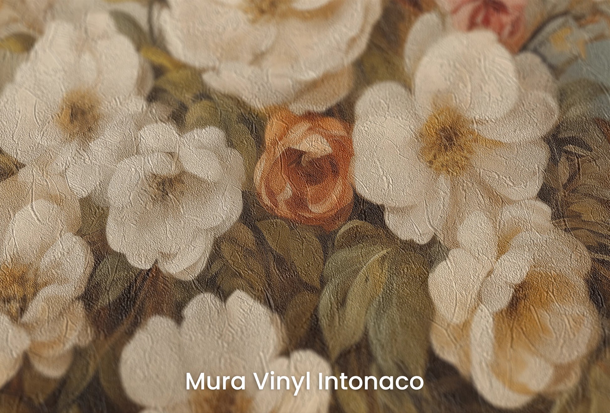 Zbliżenie na artystyczną fototapetę o nazwie Gentle Floral Haze na podłożu Mura Vinyl Intonaco - struktura tartego tynku.