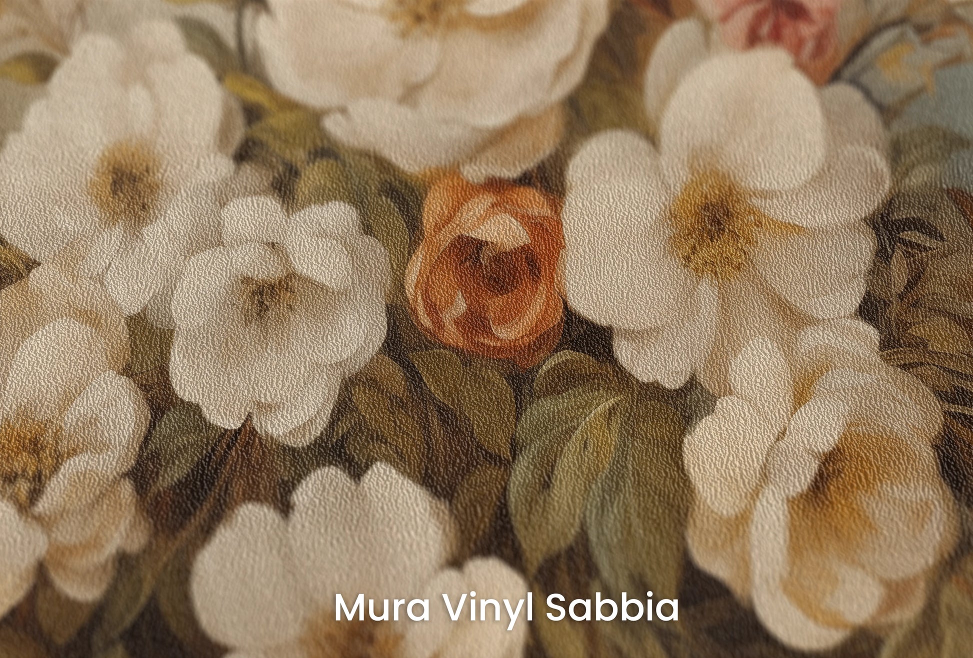 Zbliżenie na artystyczną fototapetę o nazwie Gentle Floral Haze na podłożu Mura Vinyl Sabbia struktura grubego ziarna piasku.