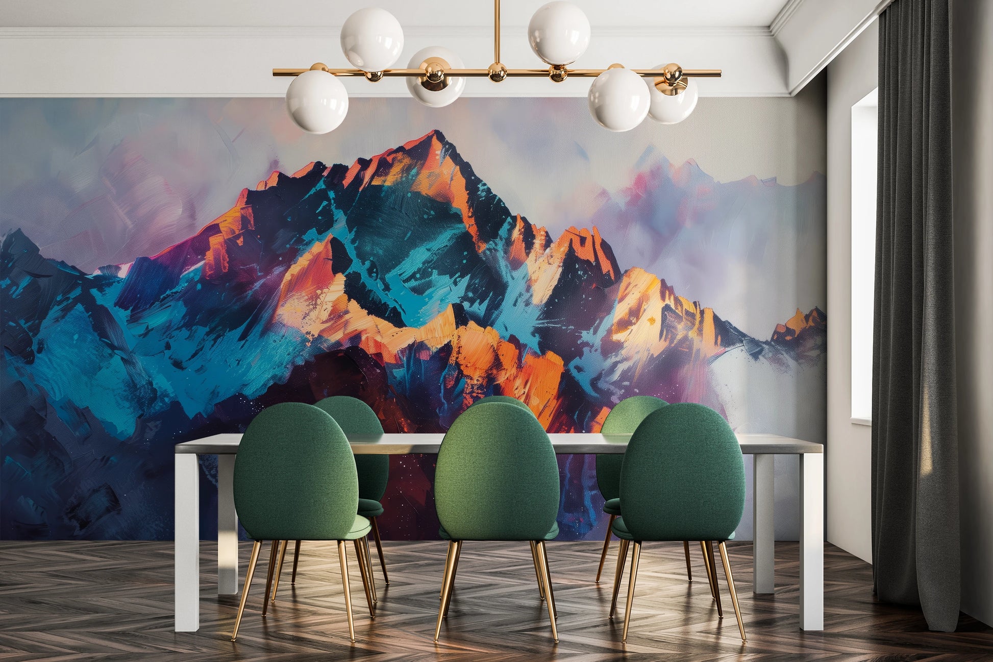 Wzór fototapety artystycznej o nazwie Vivid Summit pokazanej w aranżacji wnętrza.