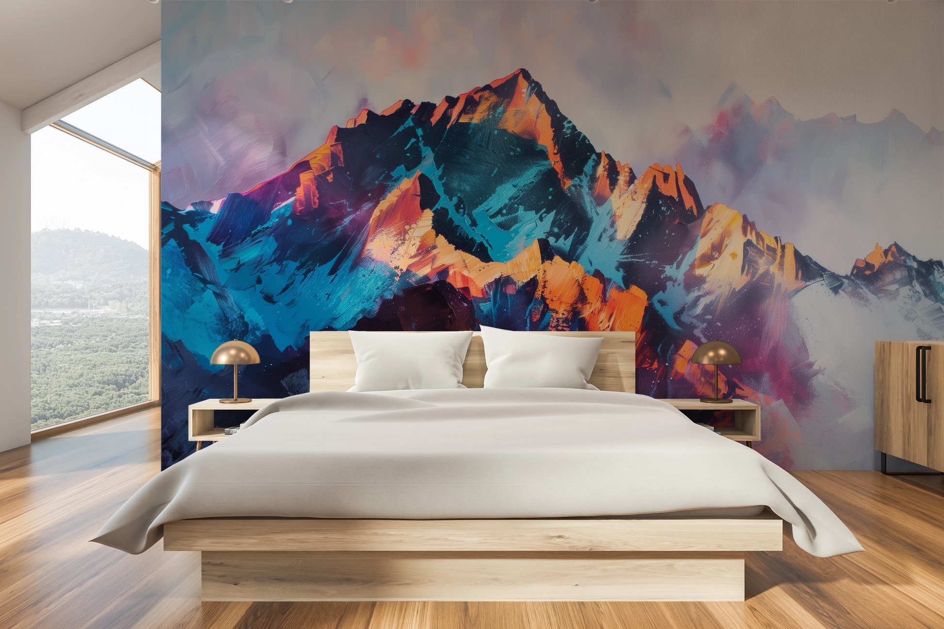 Wzór fototapety malowanej o nazwie Vivid Summit pokazanej w aranżacji wnętrza.