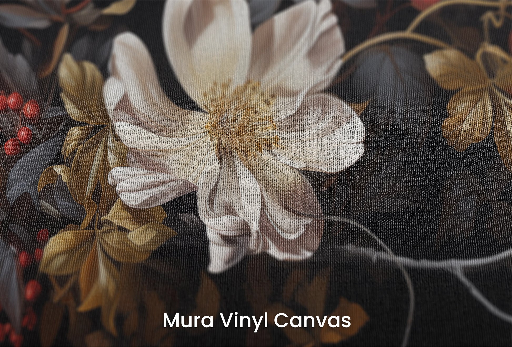 Zbliżenie na artystyczną fototapetę o nazwie Midnight Bloom na podłożu Mura Vinyl Canvas - faktura naturalnego płótna.