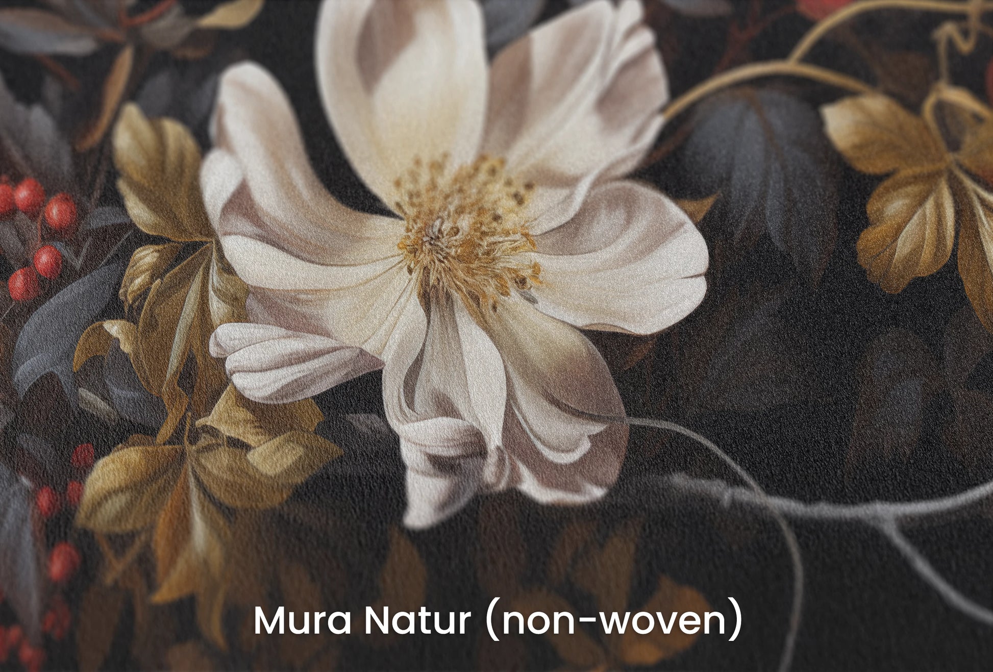 Zbliżenie na artystyczną fototapetę o nazwie Midnight Bloom na podłożu Mura Natur (non-woven) - naturalne i ekologiczne podłoże.