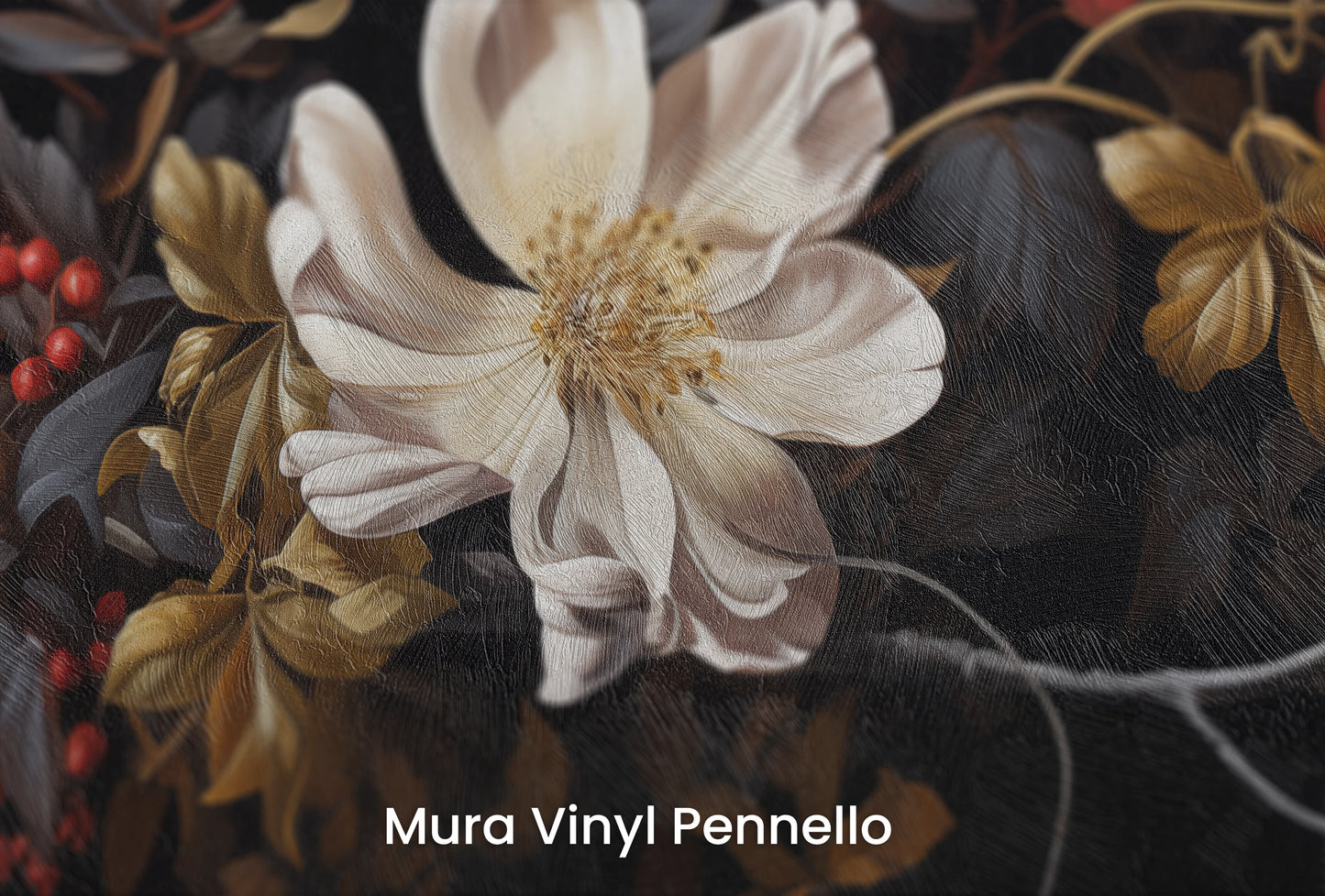 Zbliżenie na artystyczną fototapetę o nazwie Midnight Bloom na podłożu Mura Vinyl Pennello - faktura pociągnięć pędzla malarskiego.