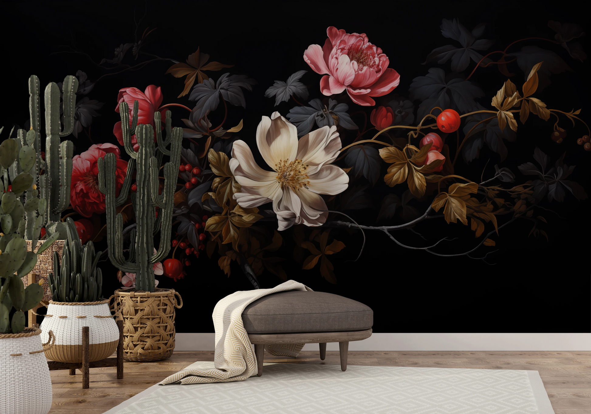 Fototapeta artystyczna o nazwie Midnight Bloom pokazana w aranżacji wnętrza.