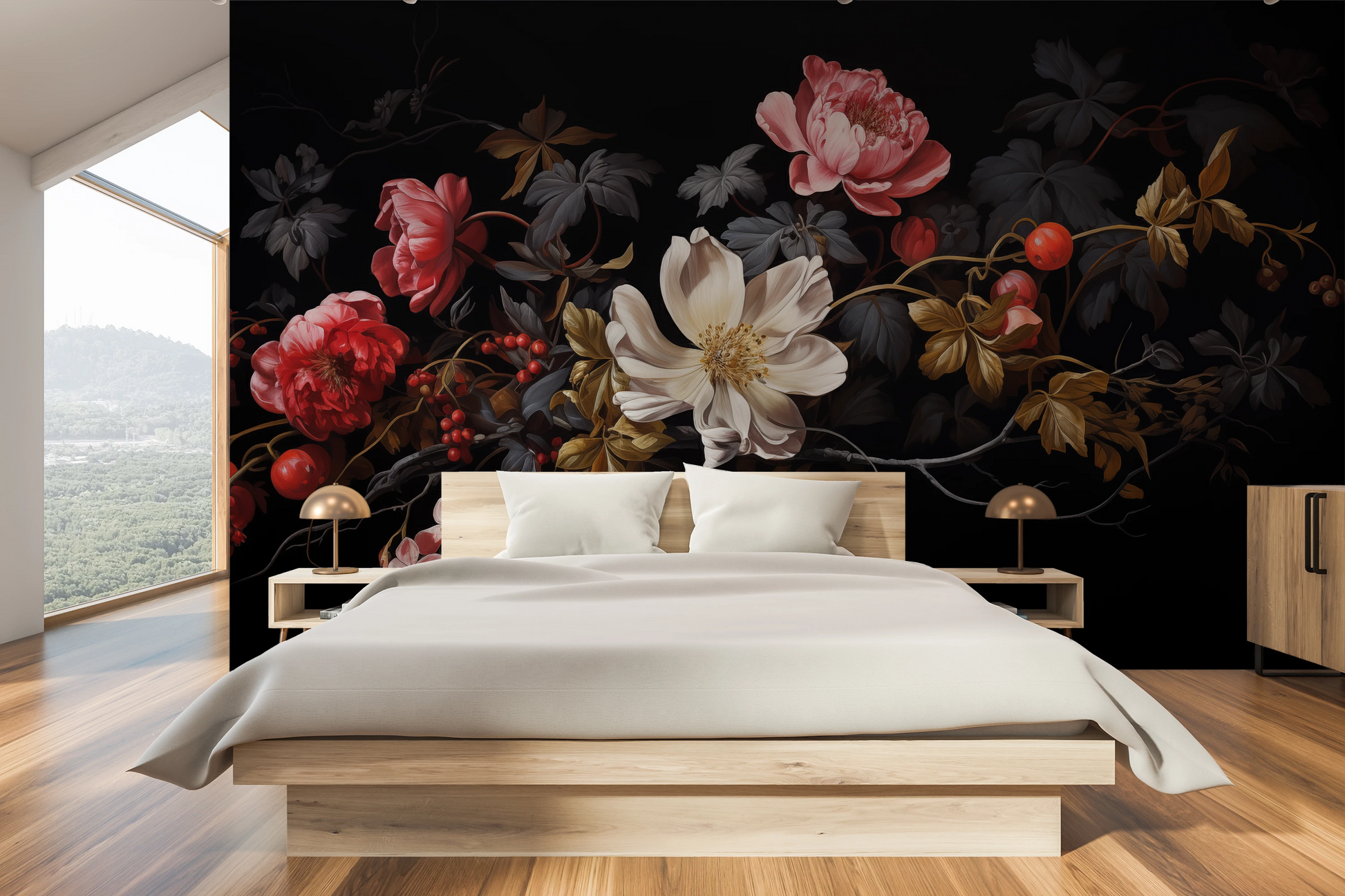 Wzór fototapety o nazwie Midnight Bloom pokazanej w kontekście pomieszczenia.