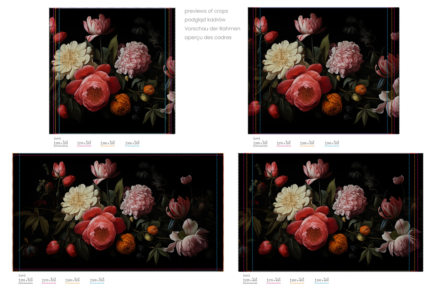 Na obrazie znajduje się prezentacja przykładowych rozmiarów fototapety o nazwie Dutch Floral Classic. Rozmiar fototapety jest dowolny.