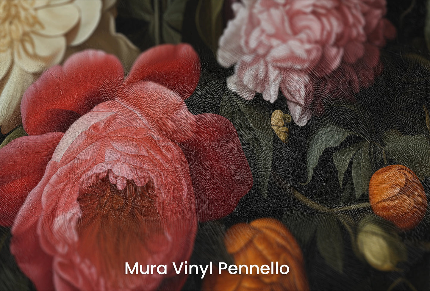 Zbliżenie na artystyczną fototapetę o nazwie Dutch Floral Classic na podłożu Mura Vinyl Pennello - faktura pociągnięć pędzla malarskiego.