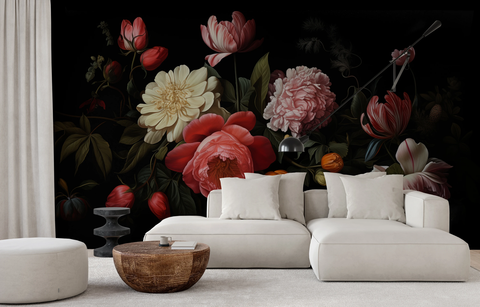 Wzór fototapety artystycznej o nazwie Dutch Floral Classic pokazanej w aranżacji wnętrza.