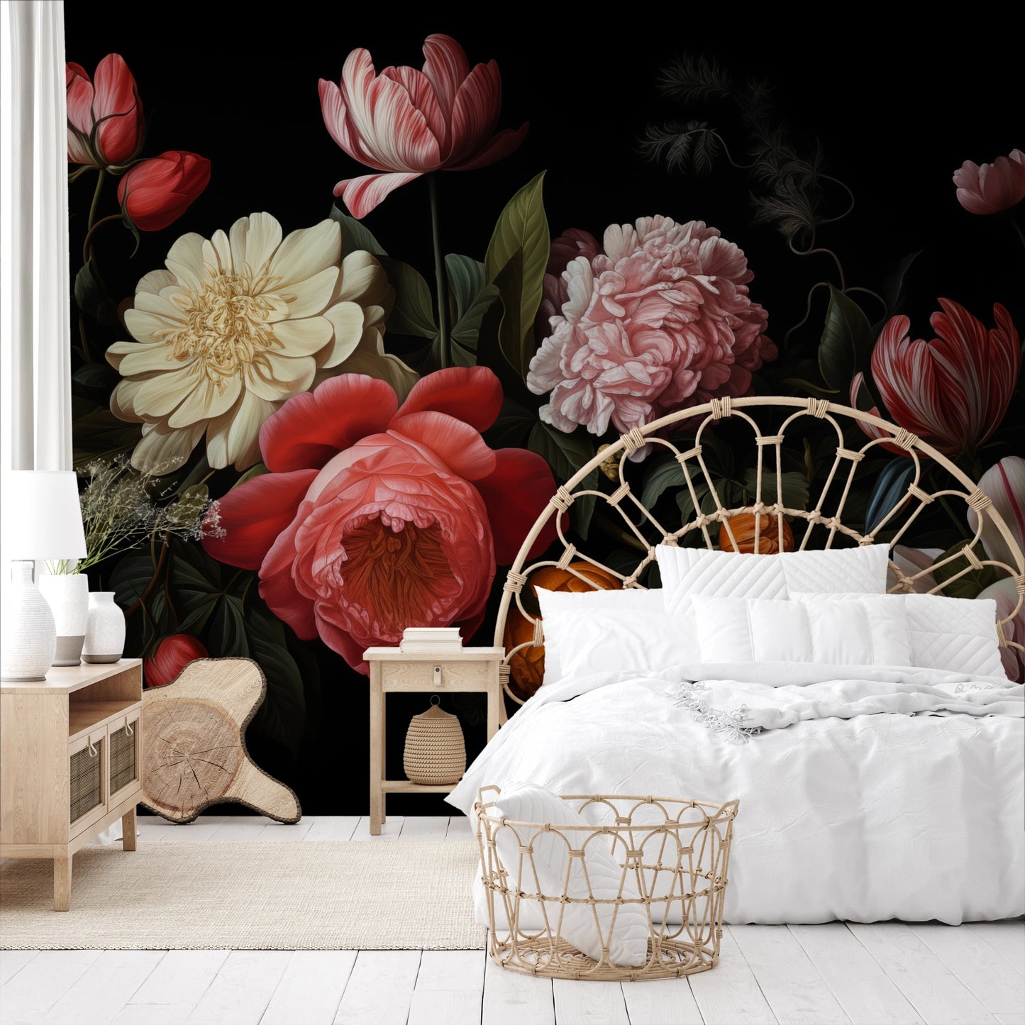 Wzór fototapety malowanej o nazwie Dutch Floral Classic pokazanej w aranżacji wnętrza.
