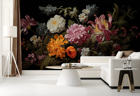 Wzór fototapety artystycznej o nazwie Golden Age Flowers pokazanej w aranżacji wnętrza.