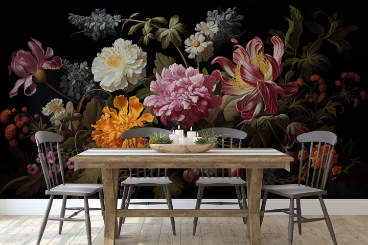 Wzór fototapety artystycznej o nazwie Golden Age Flowers pokazanej w aranżacji wnętrza.