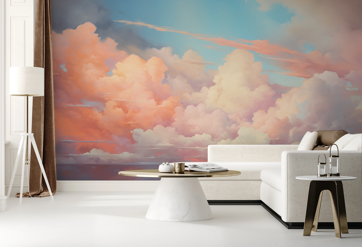 Wzór fototapety artystycznej o nazwie Cotton Candy Skies pokazanej w aranżacji wnętrza.