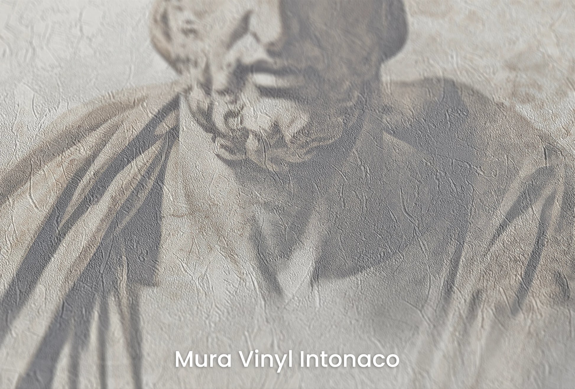 Zbliżenie na artystyczną fototapetę o nazwie Thoughtful Heraclitus na podłożu Mura Vinyl Intonaco - struktura tartego tynku.