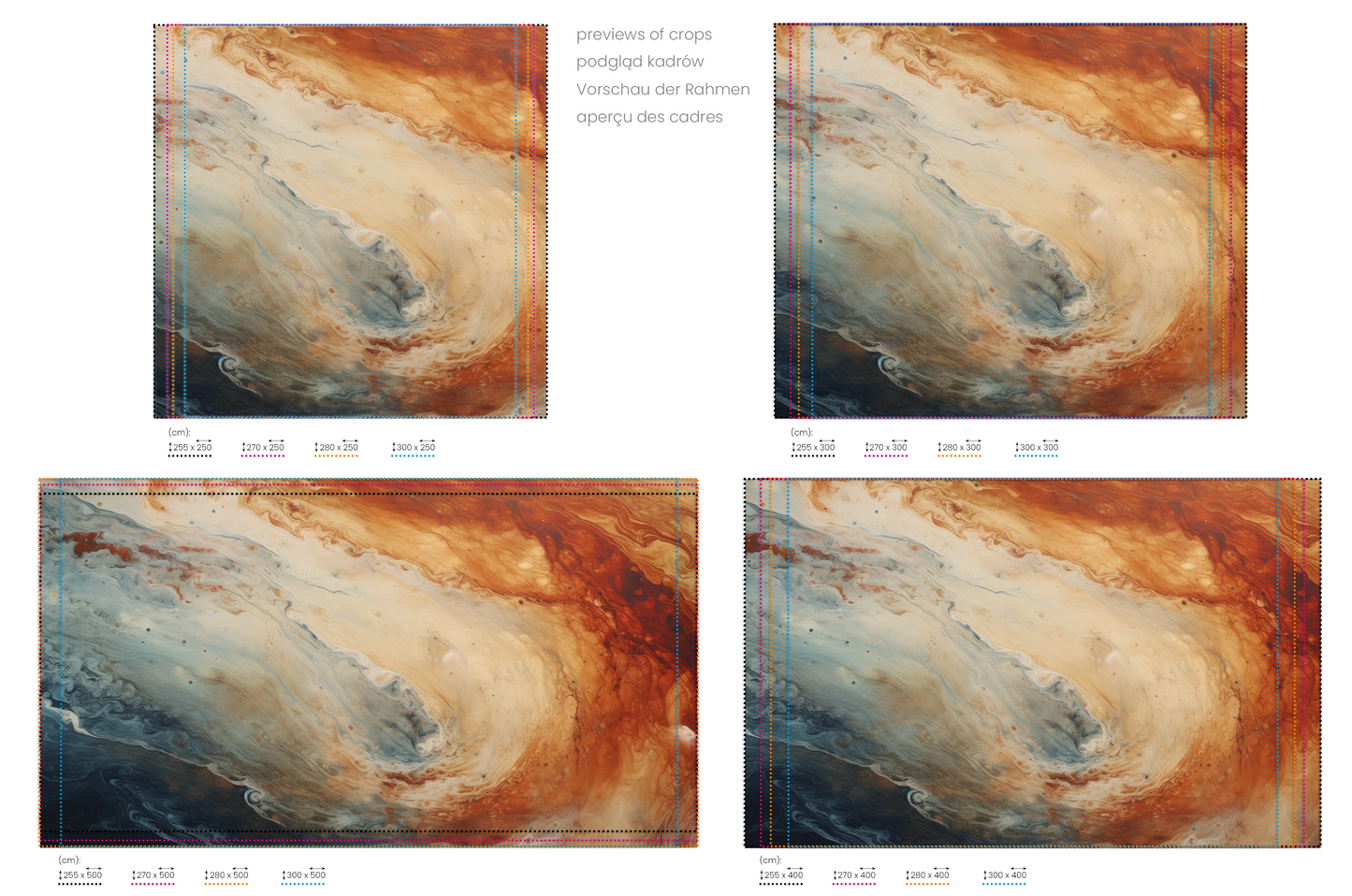 Na obrazie znajduje się prezentacja przykładowych rozmiarów fototapety o nazwie Jupiter's Storm #2. Rozmiar fototapety jest dowolny.