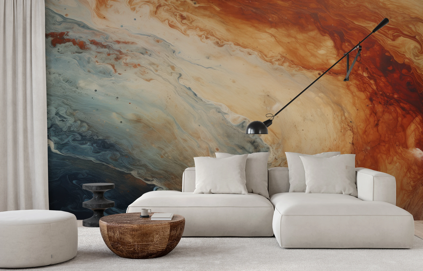 Wzór fototapety malowanej o nazwie Jupiter's Storm #2 pokazanej w aranżacji wnętrza.