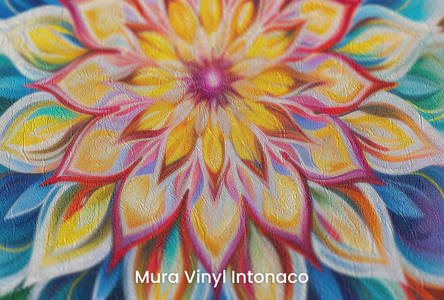 Zbliżenie na artystyczną fototapetę o nazwie Vibrant Lotus na podłożu Mura Vinyl Intonaco - struktura tartego tynku.