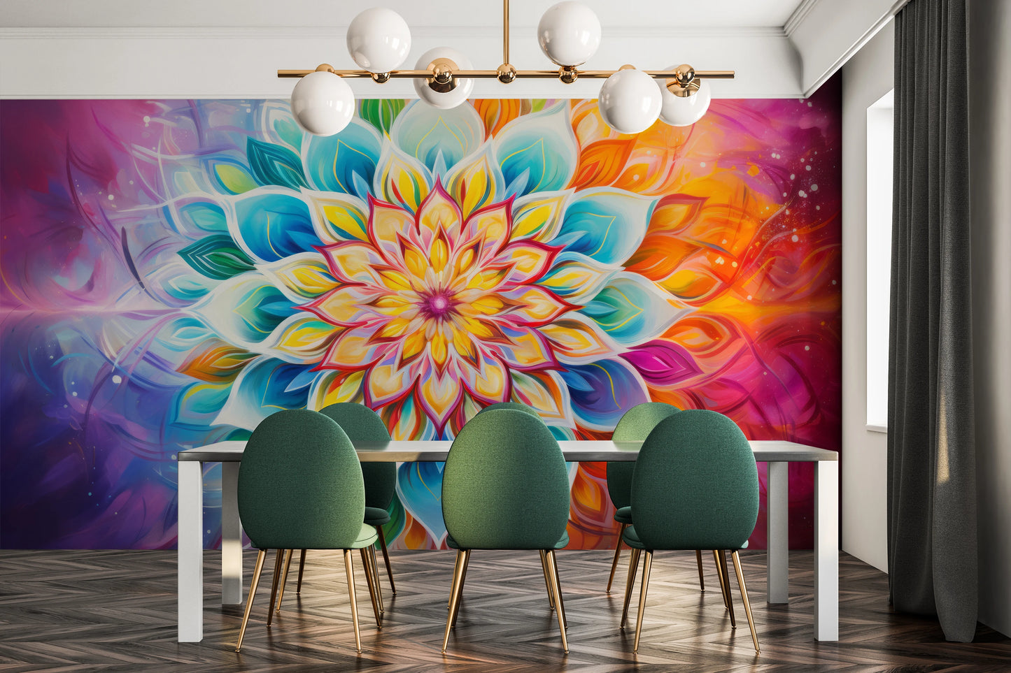 Wzór fototapety malowanej o nazwie Vibrant Lotus pokazanej w aranżacji wnętrza.