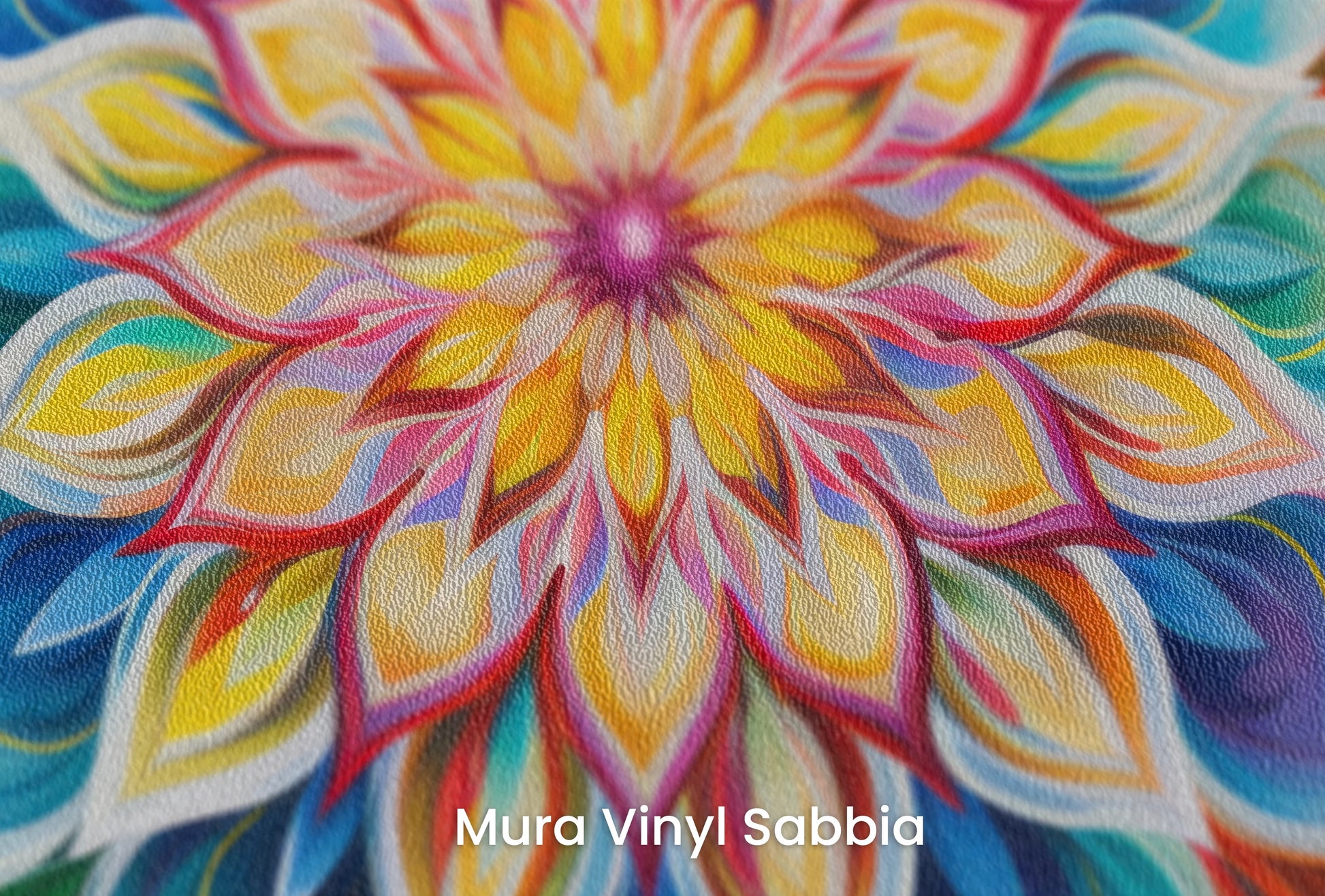 Zbliżenie na artystyczną fototapetę o nazwie Vibrant Lotus na podłożu Mura Vinyl Sabbia struktura grubego ziarna piasku.