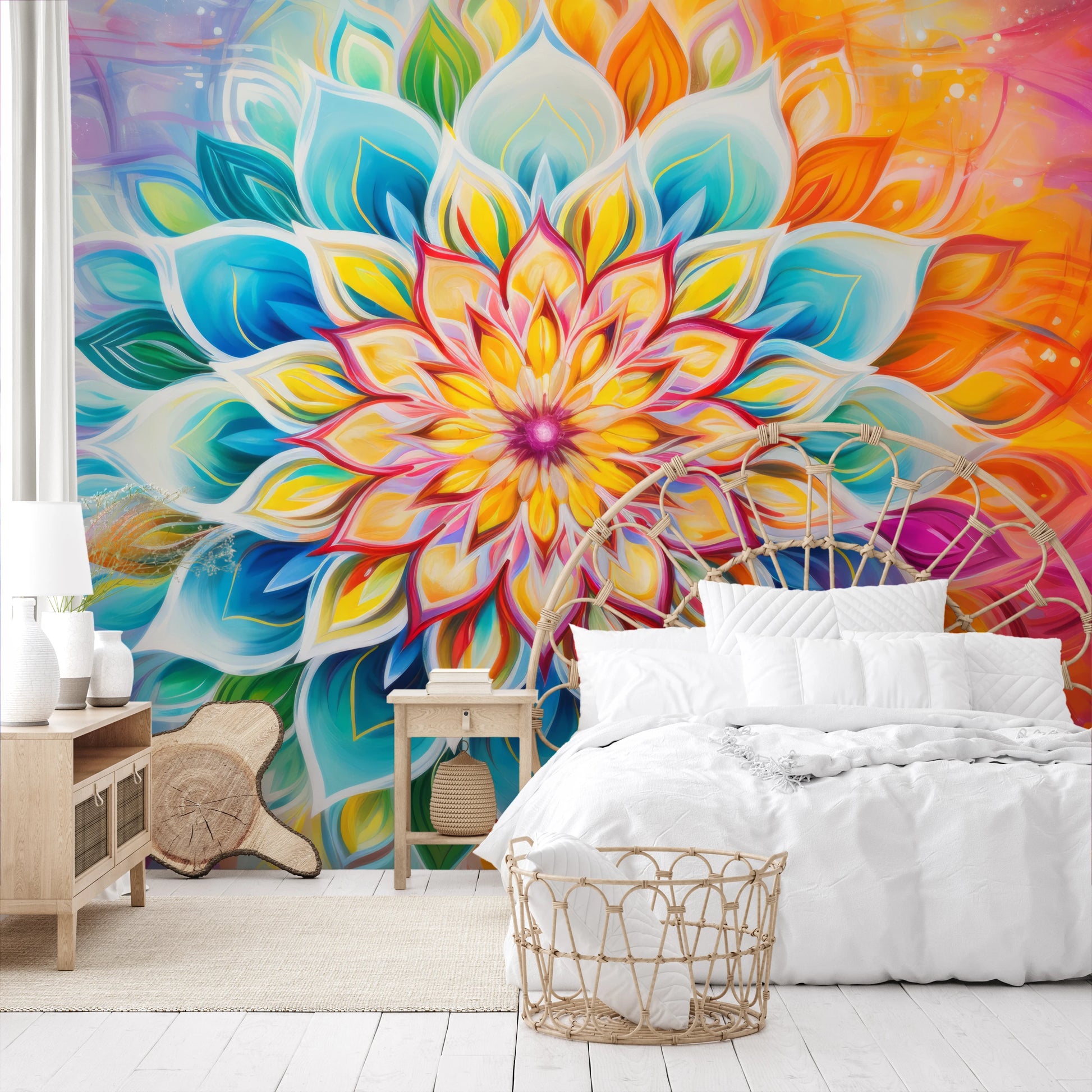 Wzór fototapety artystycznej o nazwie Vibrant Lotus pokazanej w aranżacji wnętrza.