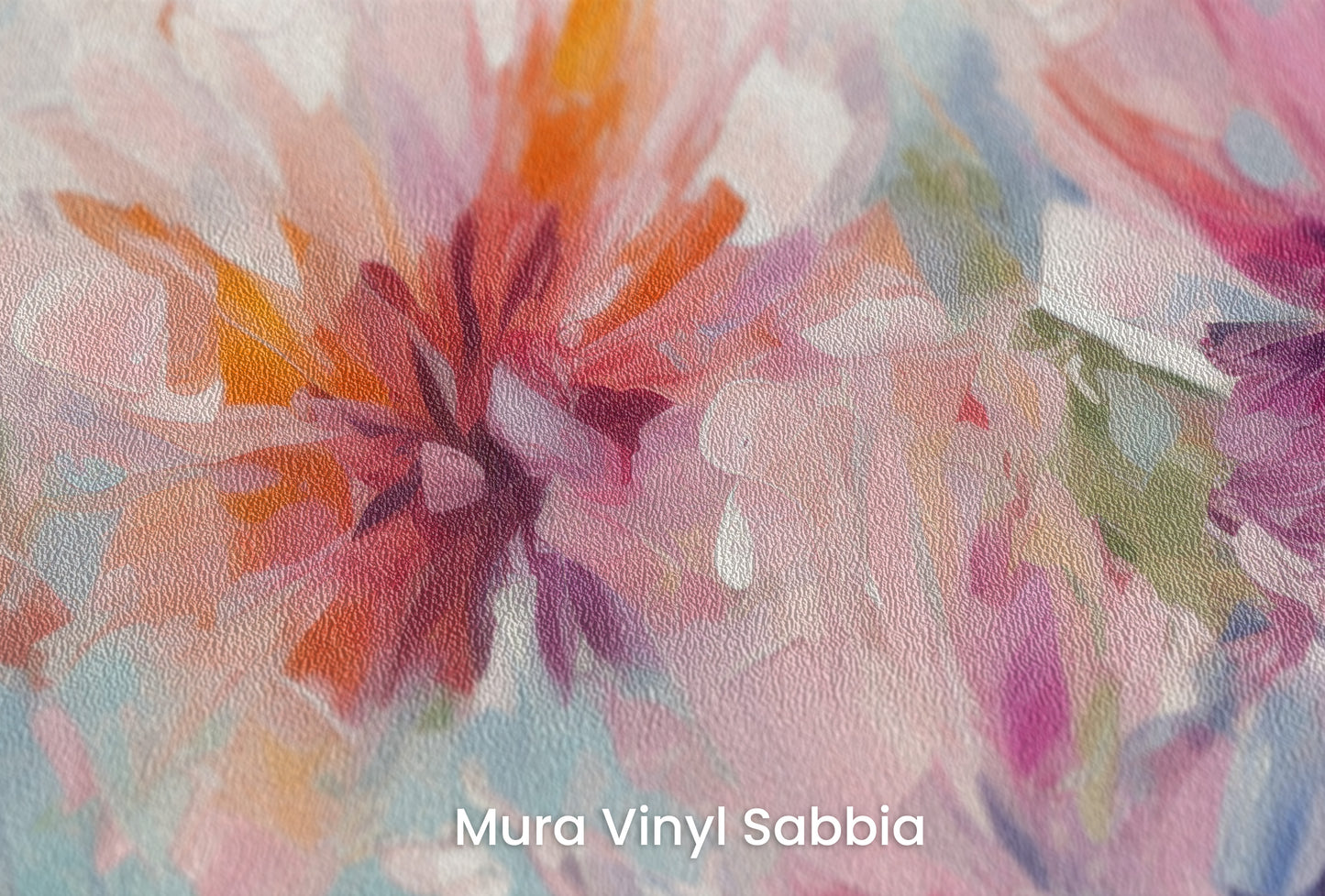 Zbliżenie na artystyczną fototapetę o nazwie Blushing Floral Delicacy na podłożu Mura Vinyl Sabbia struktura grubego ziarna piasku.