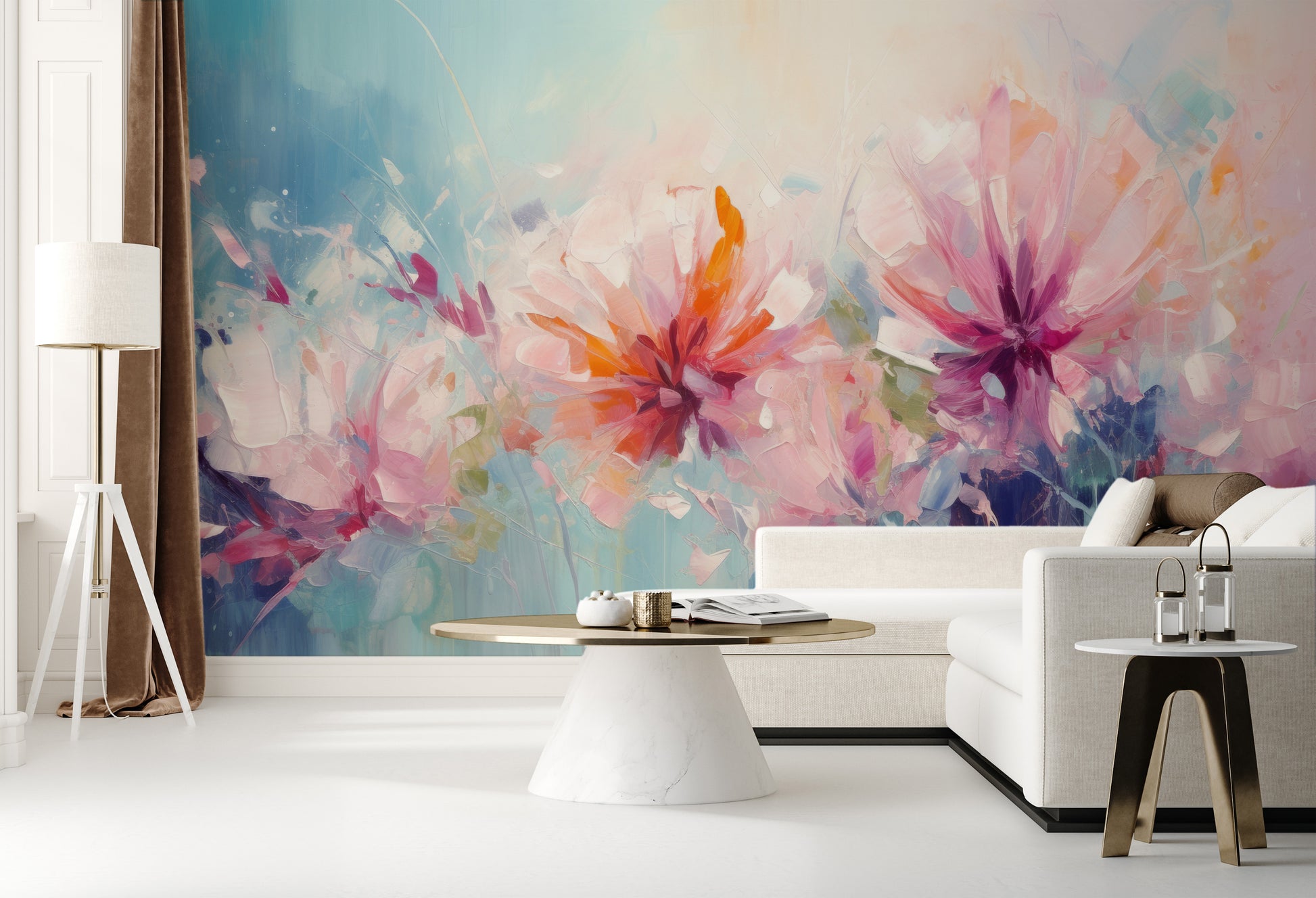 Wzór fototapety o nazwie Blushing Floral Delicacy pokazanej w kontekście pomieszczenia.