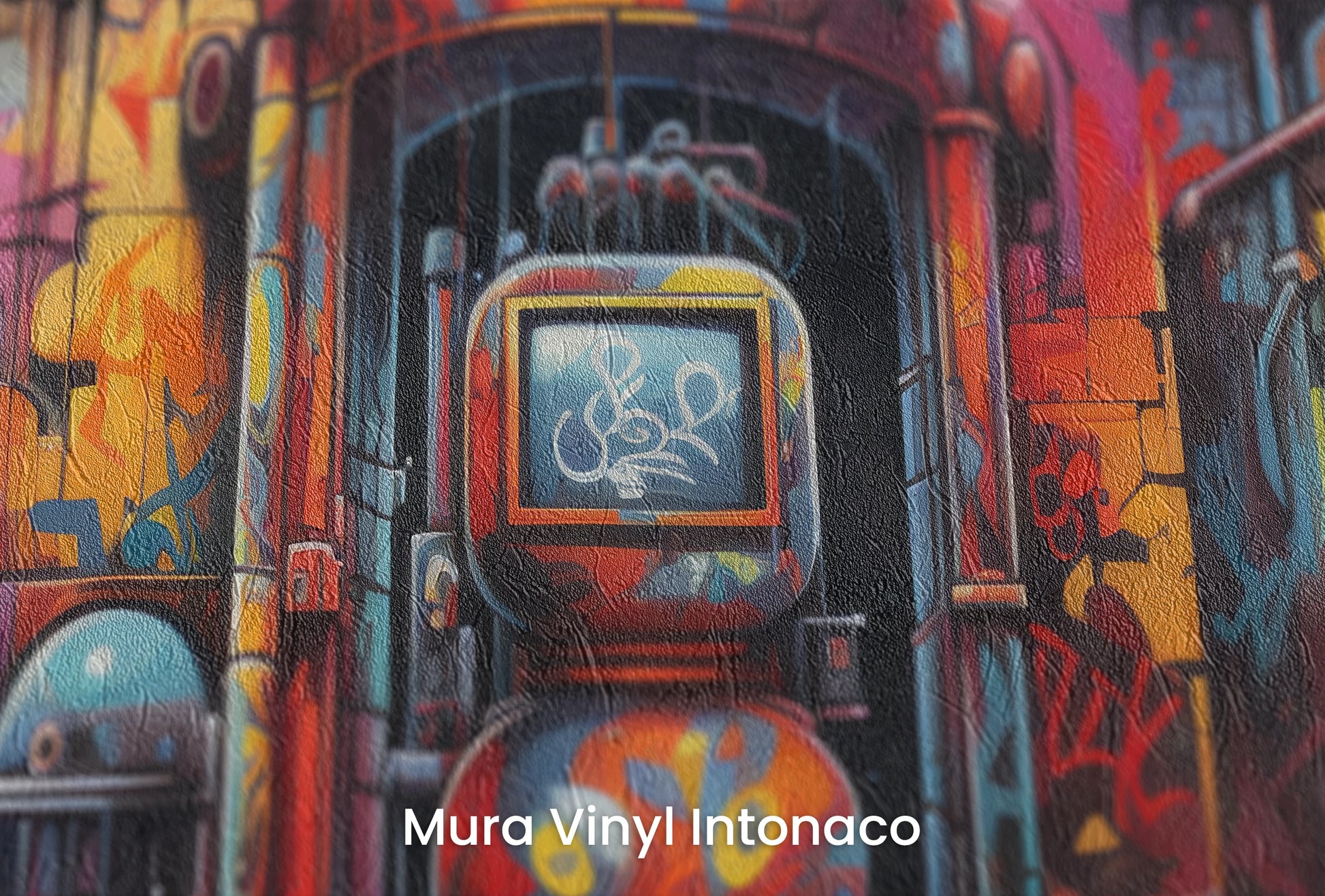 Zbliżenie na artystyczną fototapetę o nazwie Retro Game Corner na podłożu Mura Vinyl Intonaco - struktura tartego tynku.