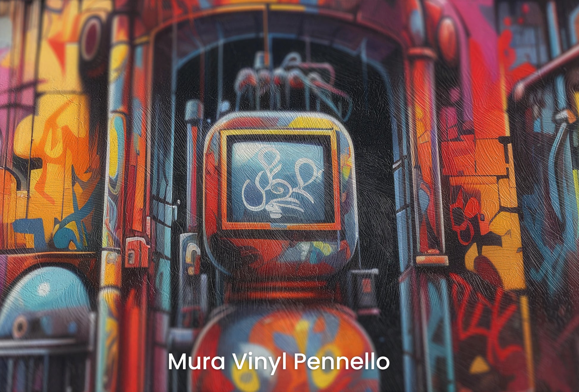 Zbliżenie na artystyczną fototapetę o nazwie Retro Game Corner na podłożu Mura Vinyl Pennello - faktura pociągnięć pędzla malarskiego.