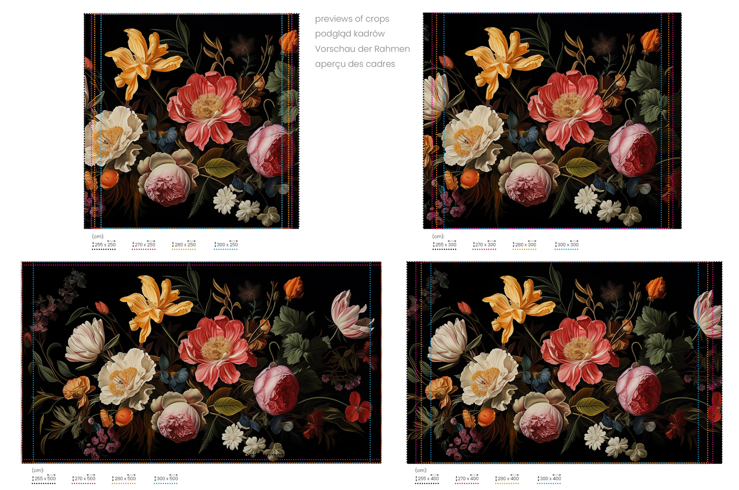 Na obrazie znajduje się prezentacja przykładowych rozmiarów fototapety o nazwie Baroque Floral Richness. Rozmiar fototapety jest dowolny.