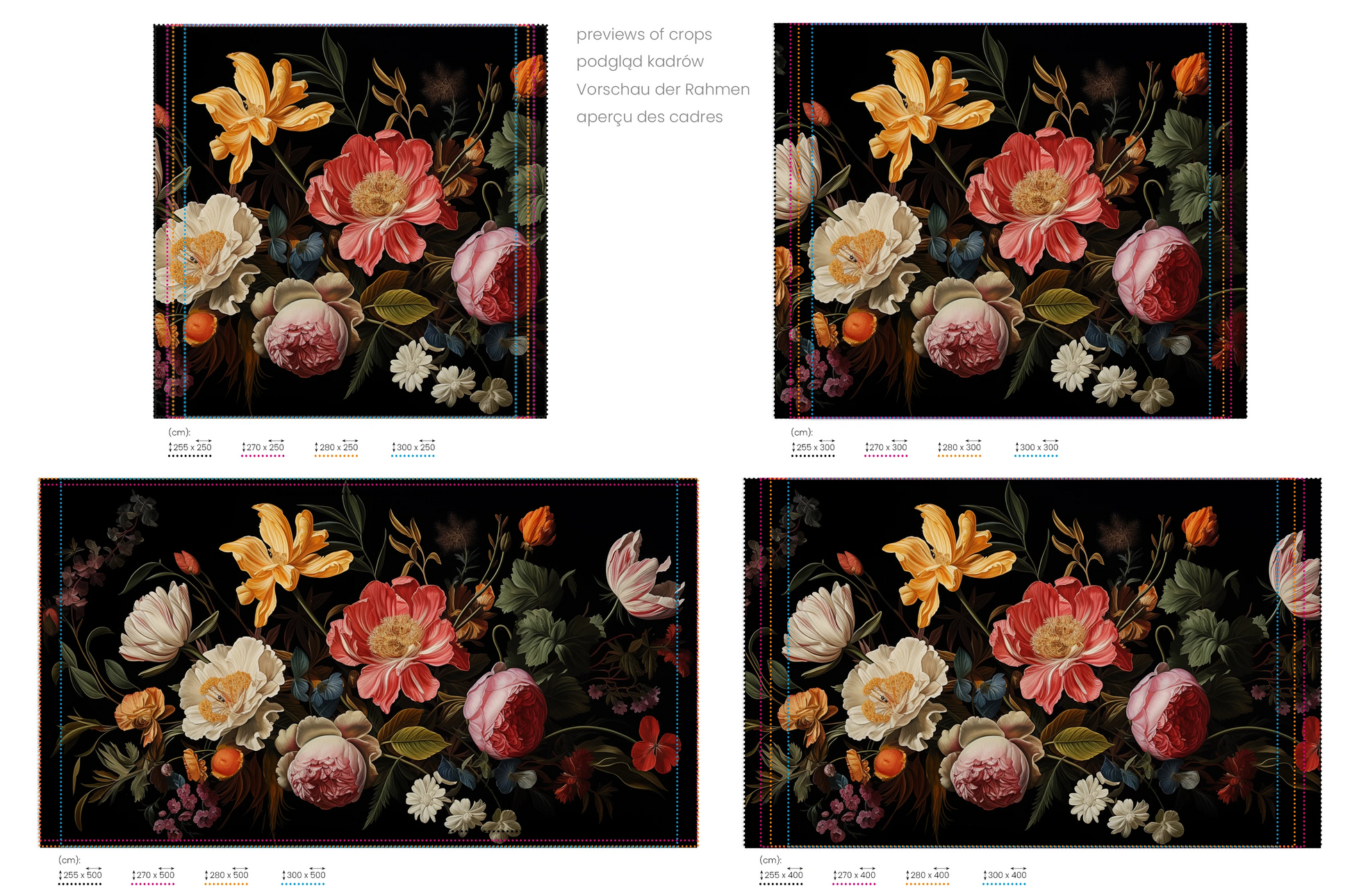 Na obrazie znajduje się prezentacja przykładowych rozmiarów fototapety o nazwie Baroque Floral Richness. Rozmiar fototapety jest dowolny.