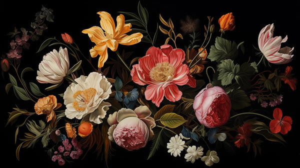 Richesse Florale Baroque - Fleurs de Style Baroque sur une Fresque Murale de Fond Noir