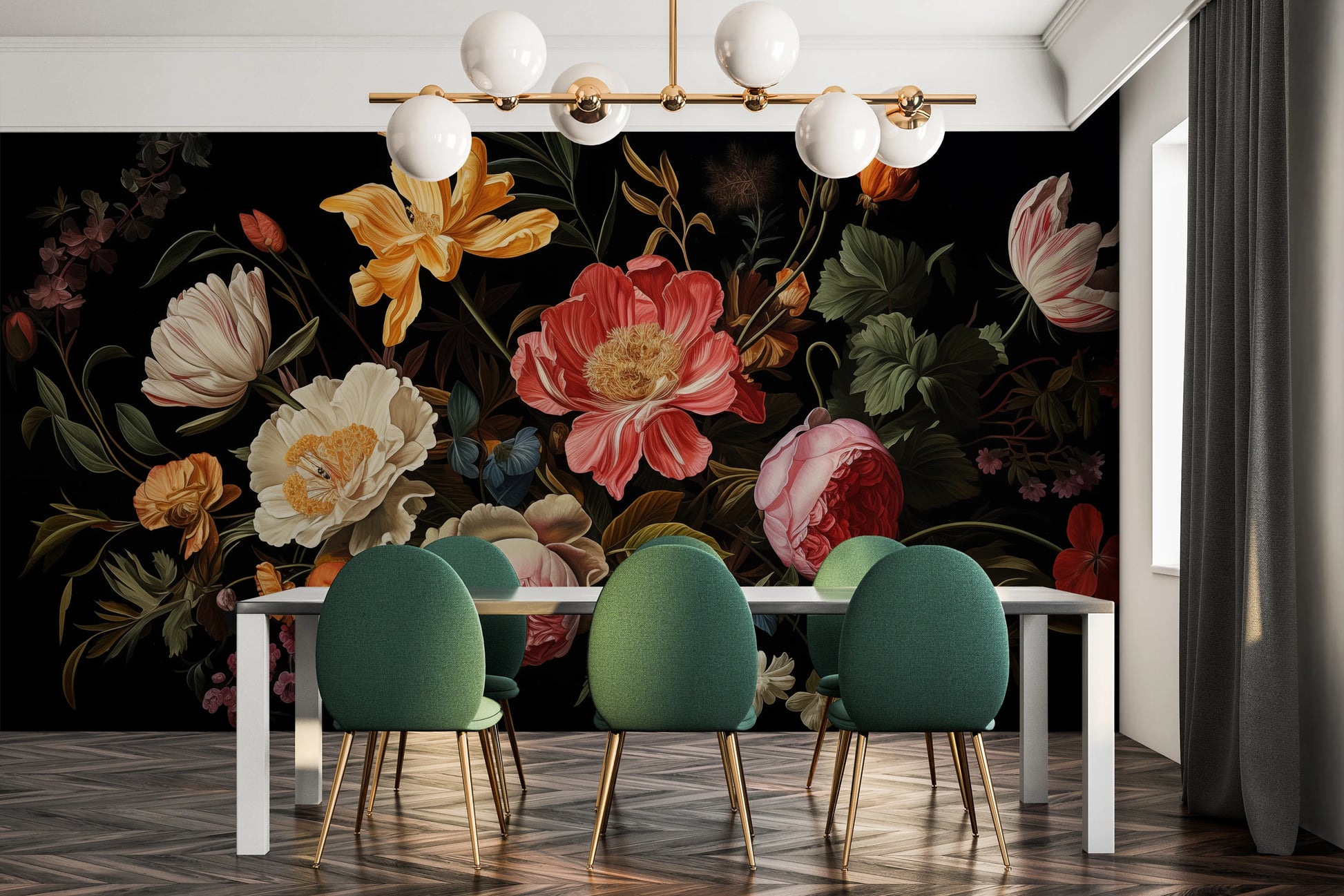 Wzór fototapety artystycznej o nazwie Baroque Floral Richness pokazanej w aranżacji wnętrza.