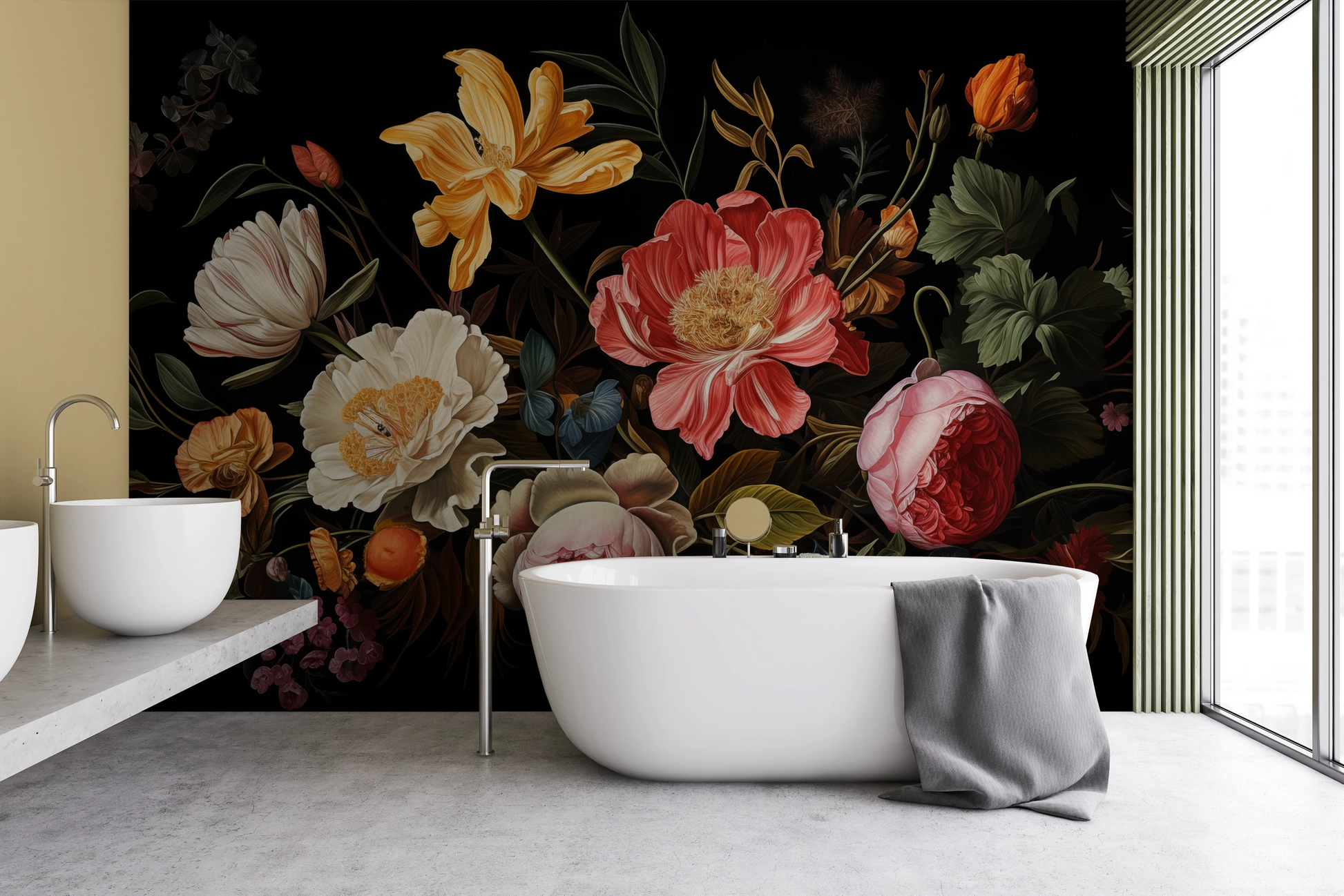 Zdjęcie prezentuje aranżację wnętrza z użyciem fototapety o nazwie Baroque Floral Richness pokazanej w aranżacji wnętrza.