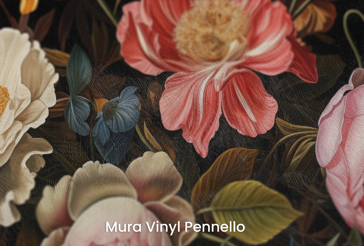 Zbliżenie na artystyczną fototapetę o nazwie Baroque Floral Richness na podłożu Mura Vinyl Pennello - faktura pociągnięć pędzla malarskiego.