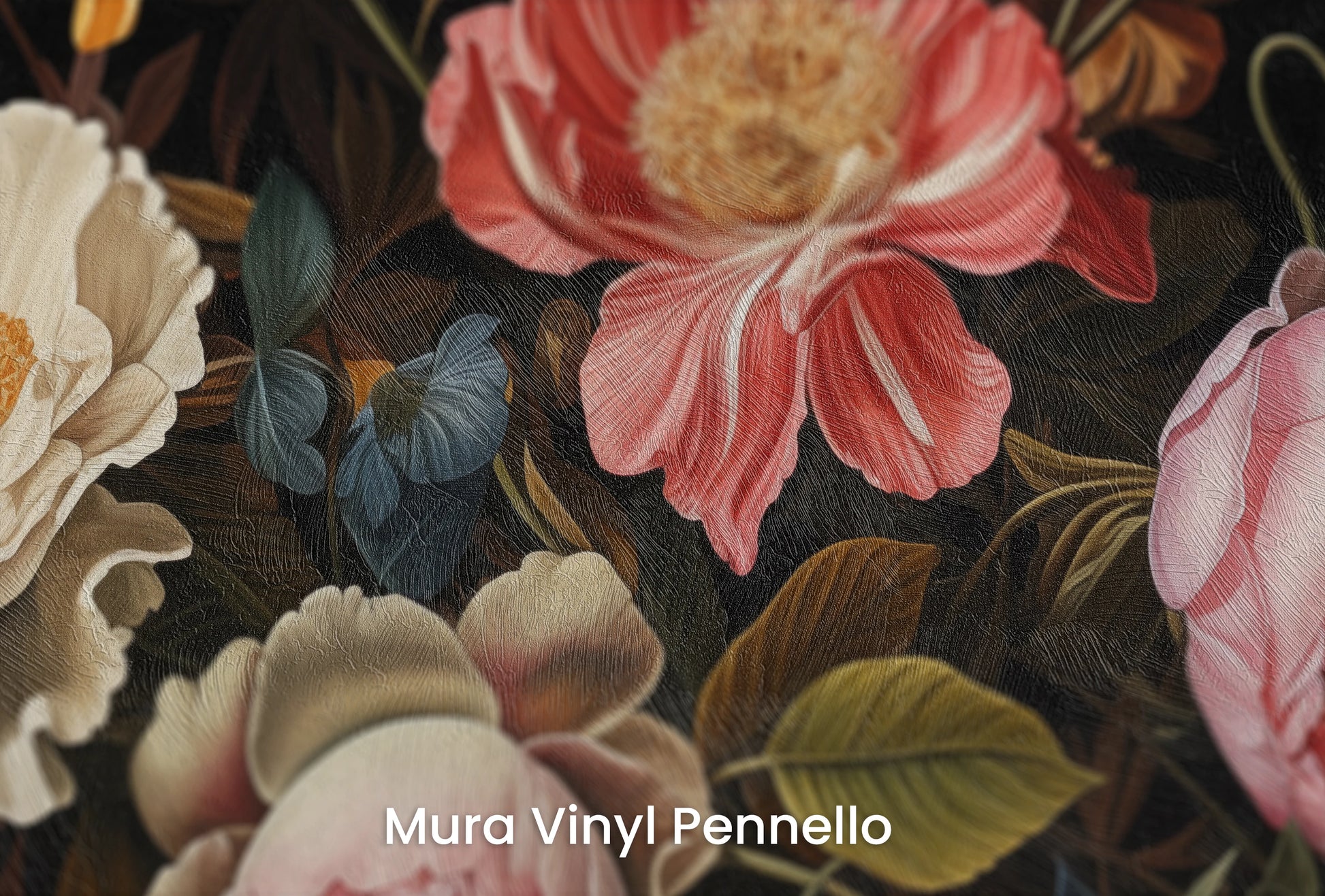 Zbliżenie na artystyczną fototapetę o nazwie Baroque Floral Richness na podłożu Mura Vinyl Pennello - faktura pociągnięć pędzla malarskiego.