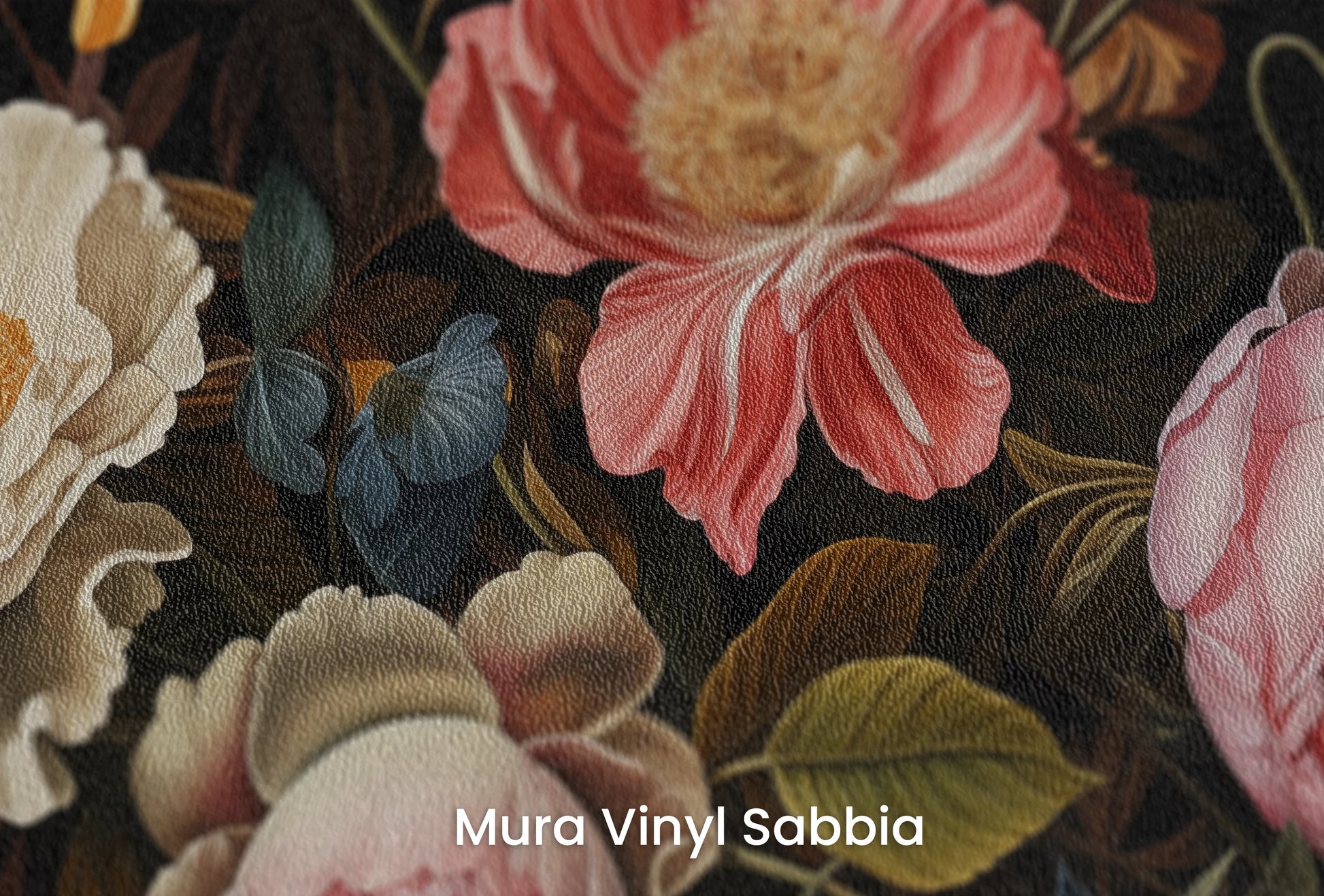 Zbliżenie na artystyczną fototapetę o nazwie Baroque Floral Richness na podłożu Mura Vinyl Sabbia struktura grubego ziarna piasku.
