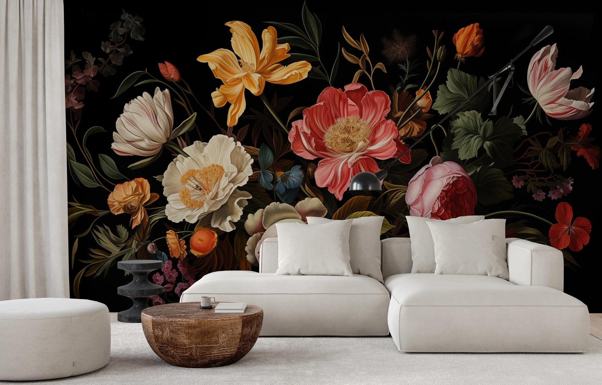 Wzór fototapety artystycznej o nazwie Baroque Floral Richness pokazanej w aranżacji wnętrza.