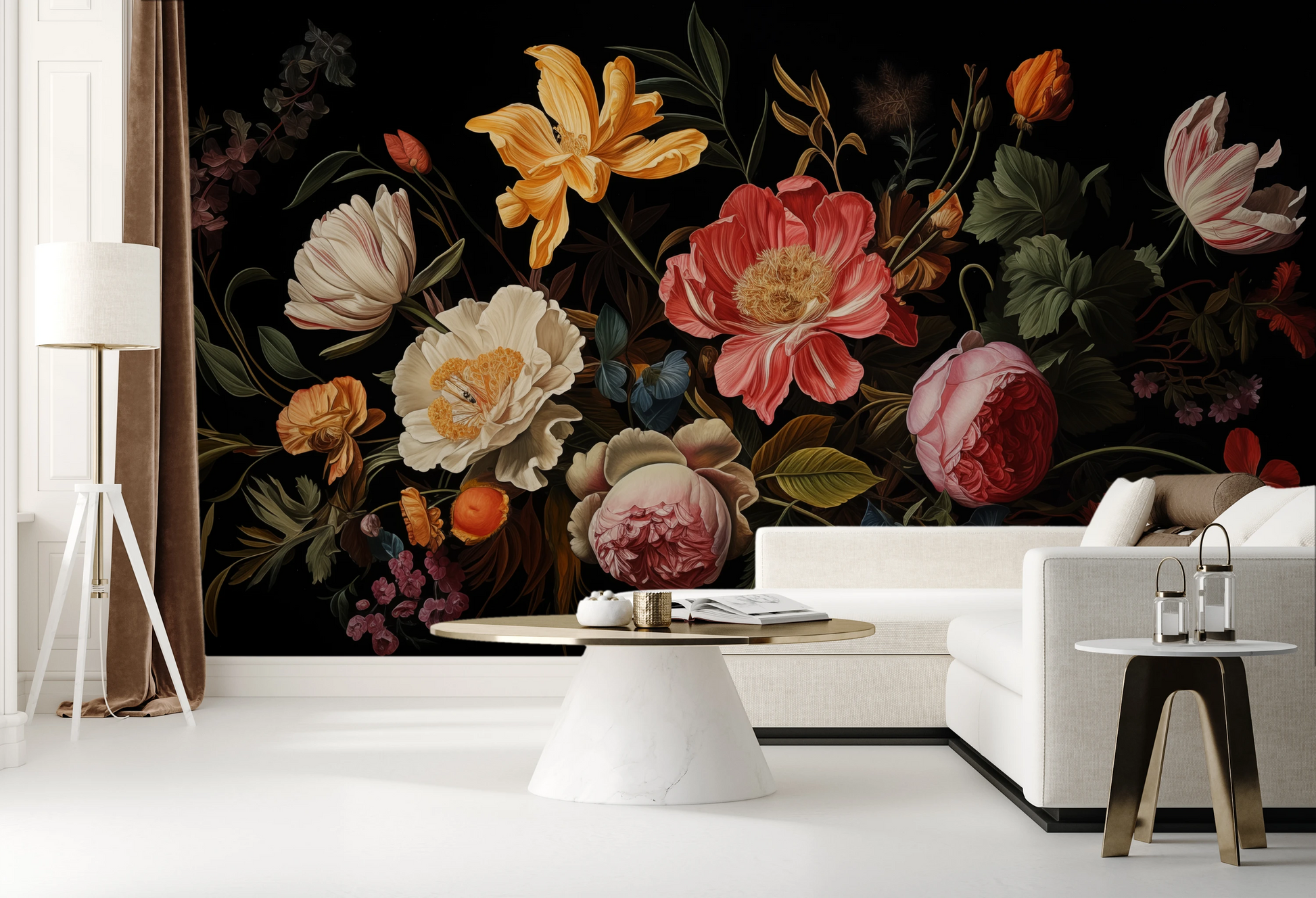 Fototapeta malowana o nazwie Baroque Floral Richness pokazana w aranżacji wnętrza.