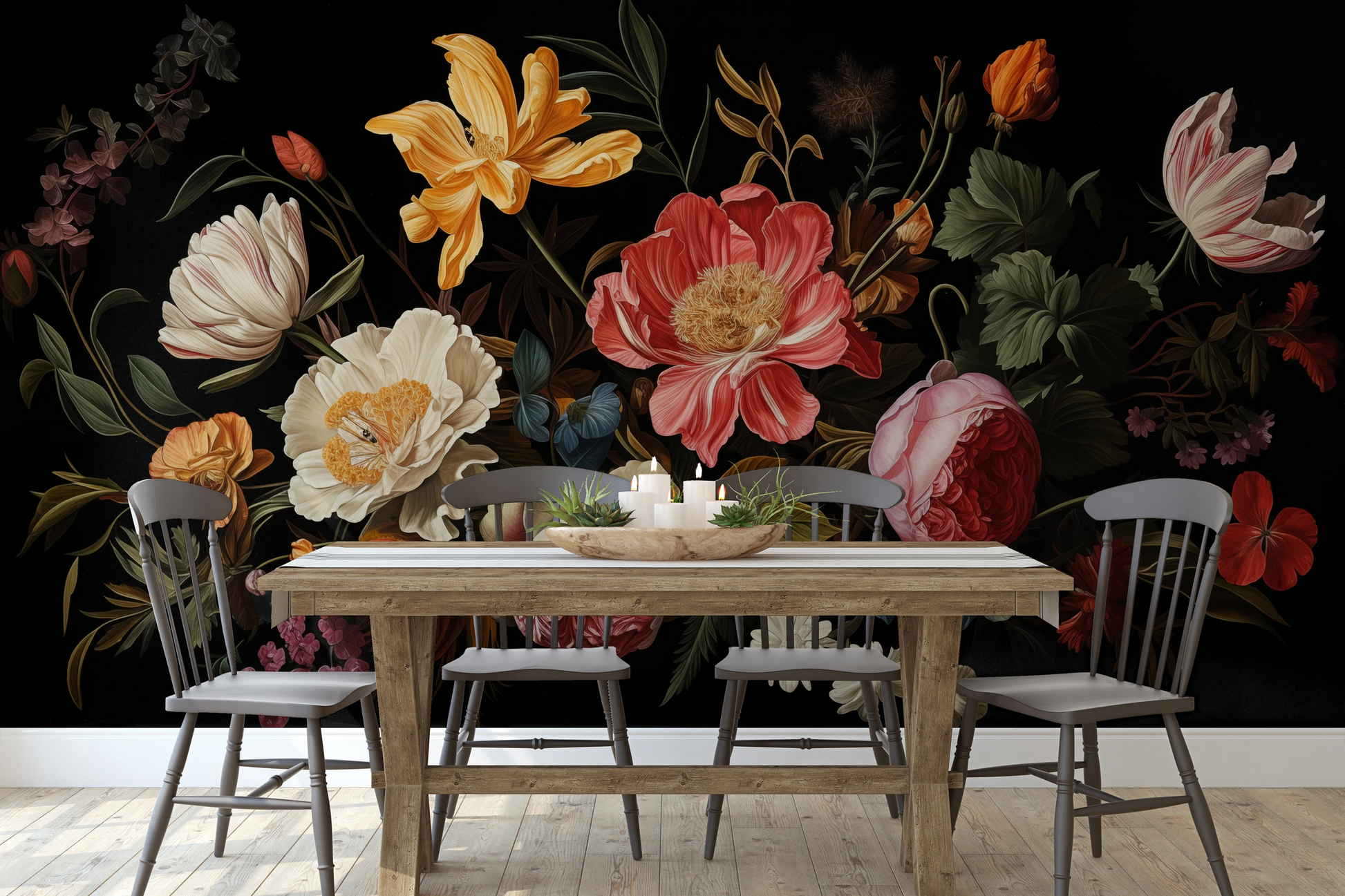Fototapeta artystyczna o nazwie Baroque Floral Richness pokazana w aranżacji wnętrza.