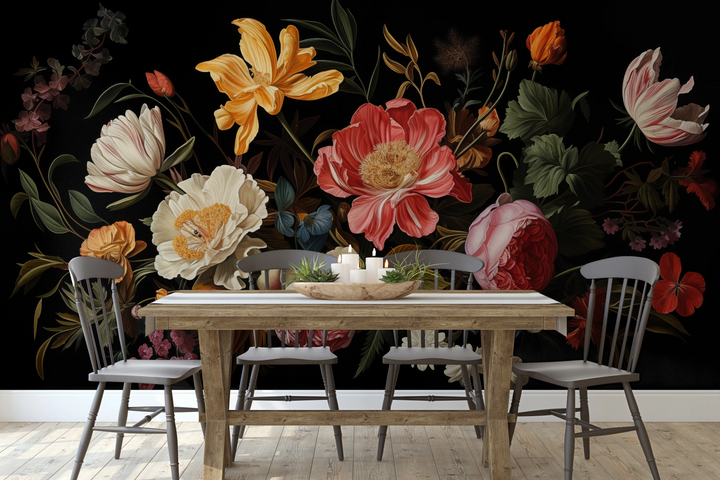 Fototapeta artystyczna o nazwie Baroque Floral Richness pokazana w aranżacji wnętrza.