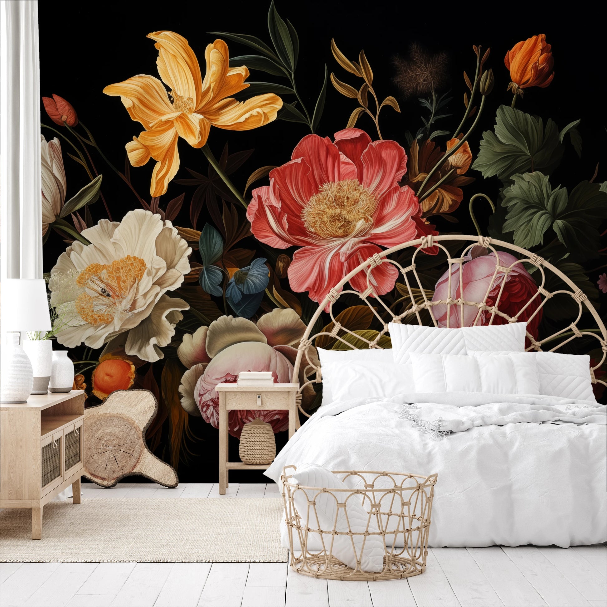 Wzór fototapety malowanej o nazwie Baroque Floral Richness pokazanej w aranżacji wnętrza.