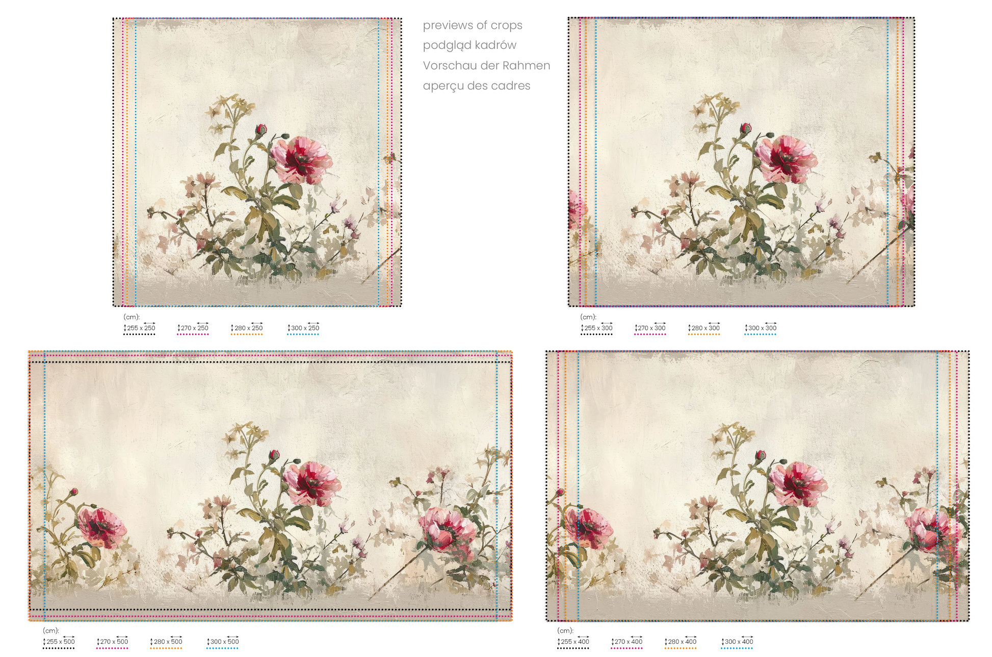 Na obrazie znajduje się prezentacja przykładowych rozmiarów fototapety o nazwie Antique Rose Garden. Rozmiar fototapety jest dowolny.