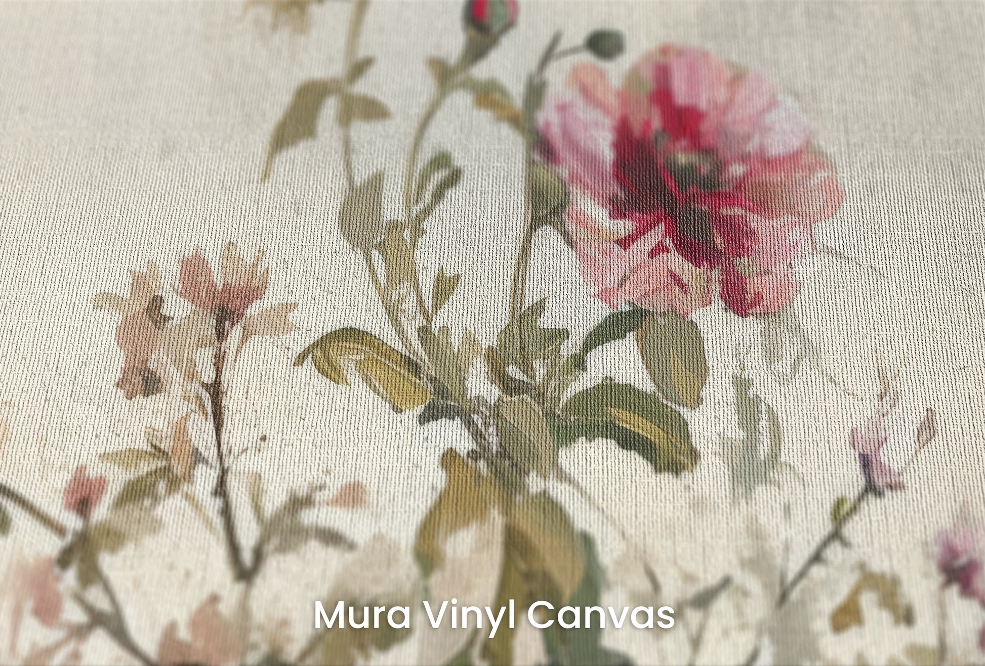 Zbliżenie na artystyczną fototapetę o nazwie Antique Rose Garden na podłożu Mura Vinyl Canvas - faktura naturalnego płótna.