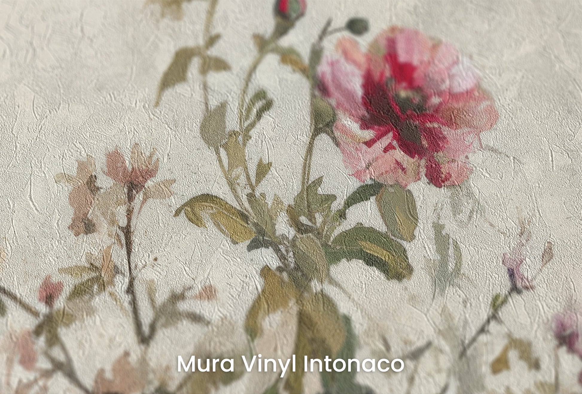 Zbliżenie na artystyczną fototapetę o nazwie Antique Rose Garden na podłożu Mura Vinyl Intonaco - struktura tartego tynku.