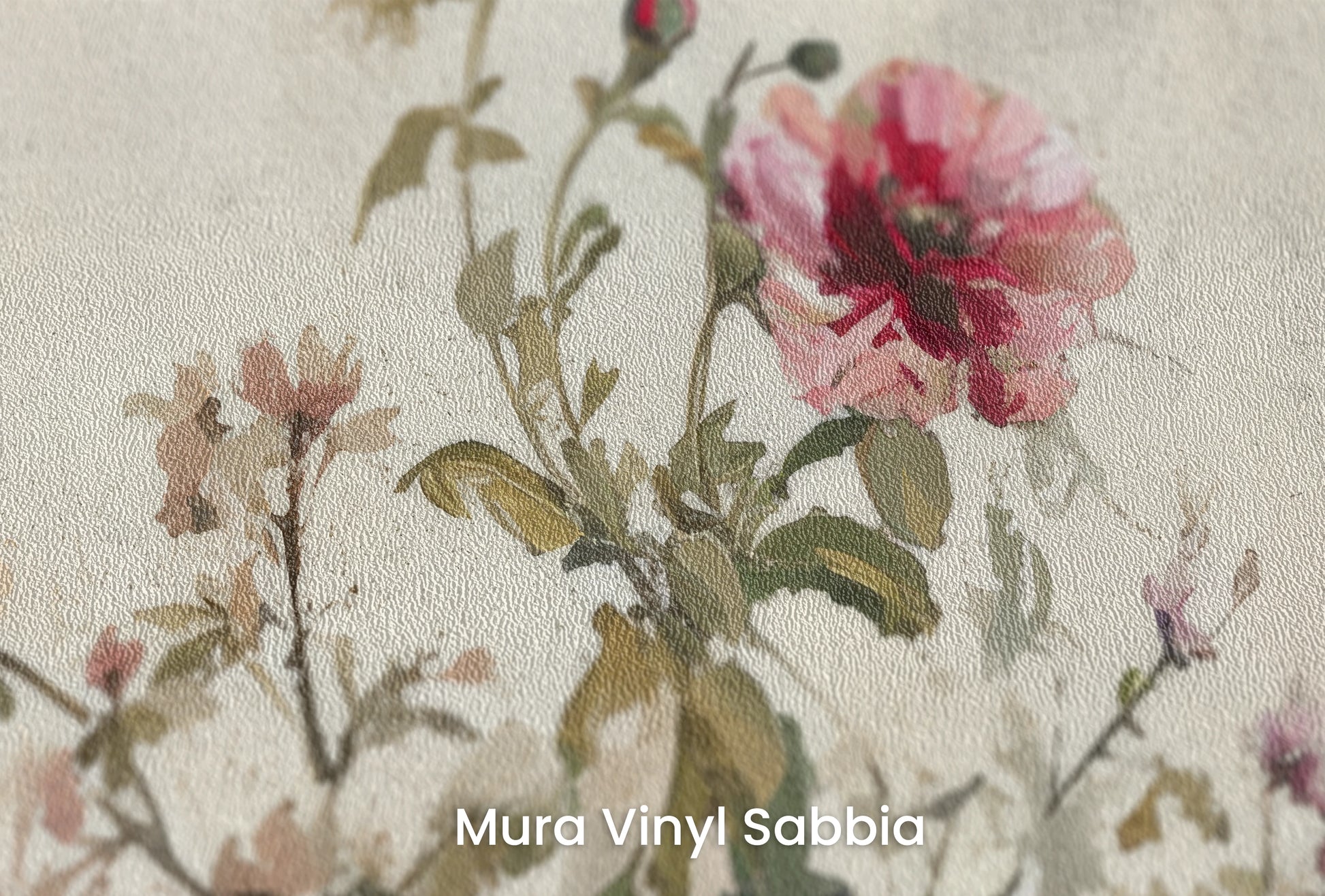 Zbliżenie na artystyczną fototapetę o nazwie Antique Rose Garden na podłożu Mura Vinyl Sabbia struktura grubego ziarna piasku.
