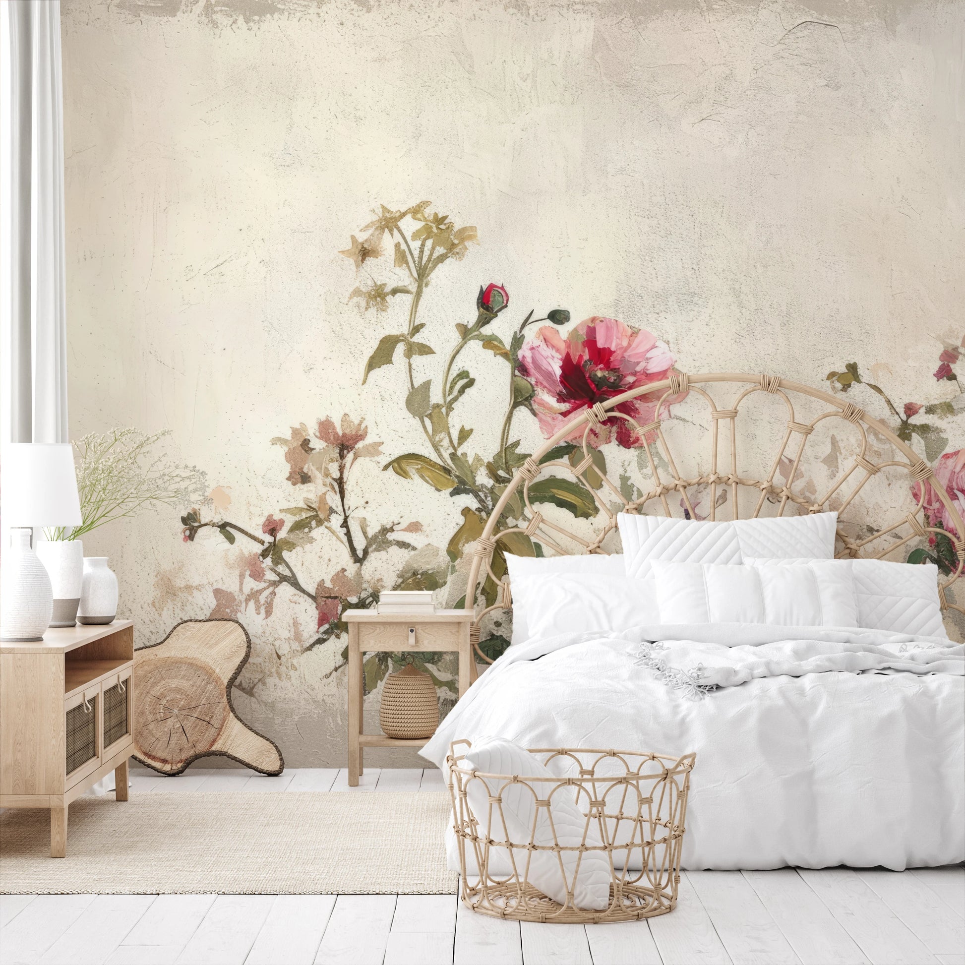 Wzór fototapety o nazwie Antique Rose Garden pokazanej w kontekście pomieszczenia.