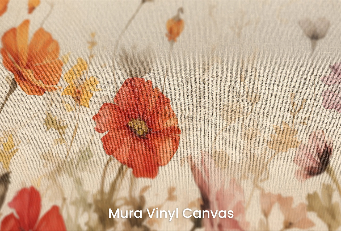 Zbliżenie na artystyczną fototapetę o nazwie Field of Poppies na podłożu Mura Vinyl Canvas - faktura naturalnego płótna.