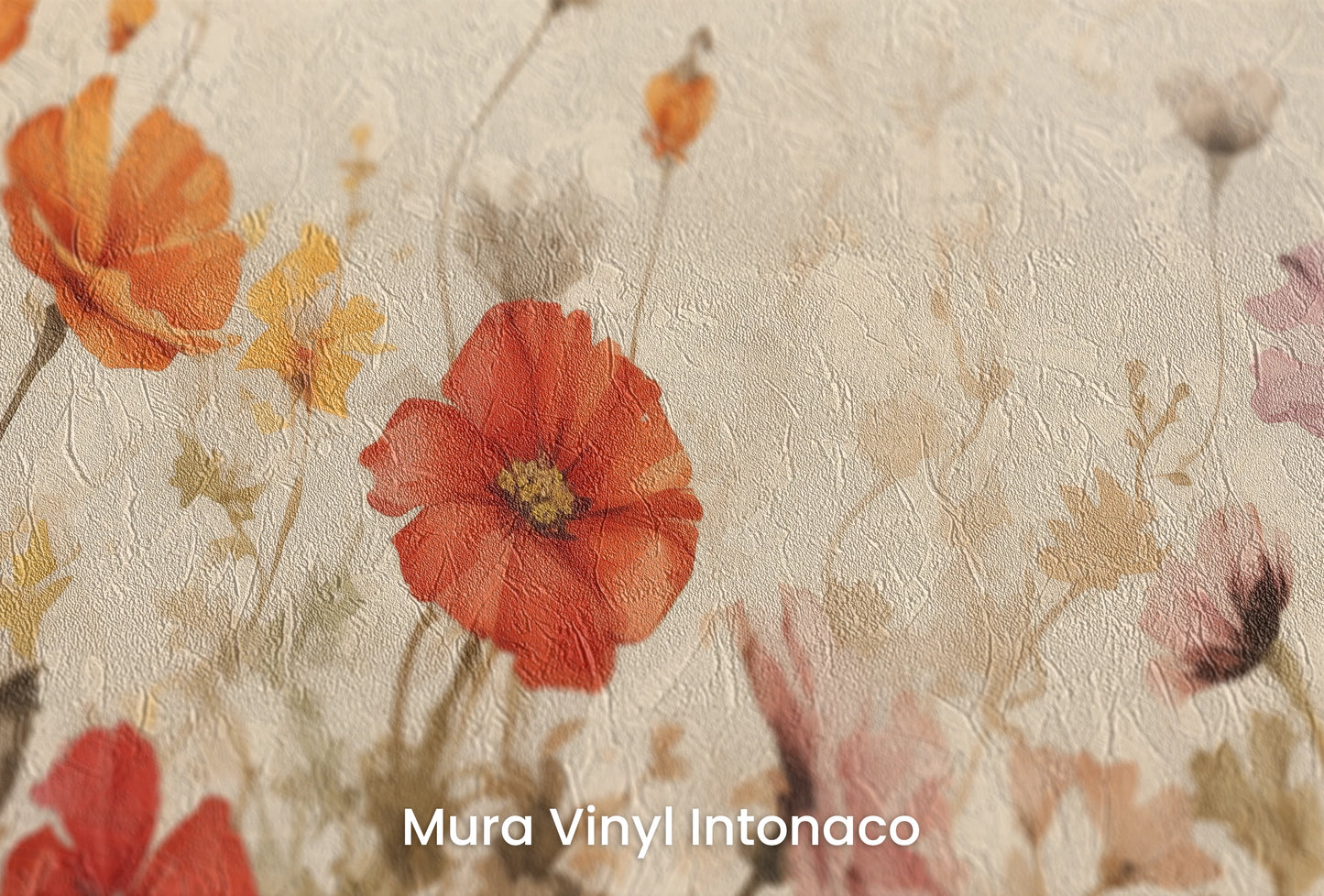 Zbliżenie na artystyczną fototapetę o nazwie Field of Poppies na podłożu Mura Vinyl Intonaco - struktura tartego tynku.