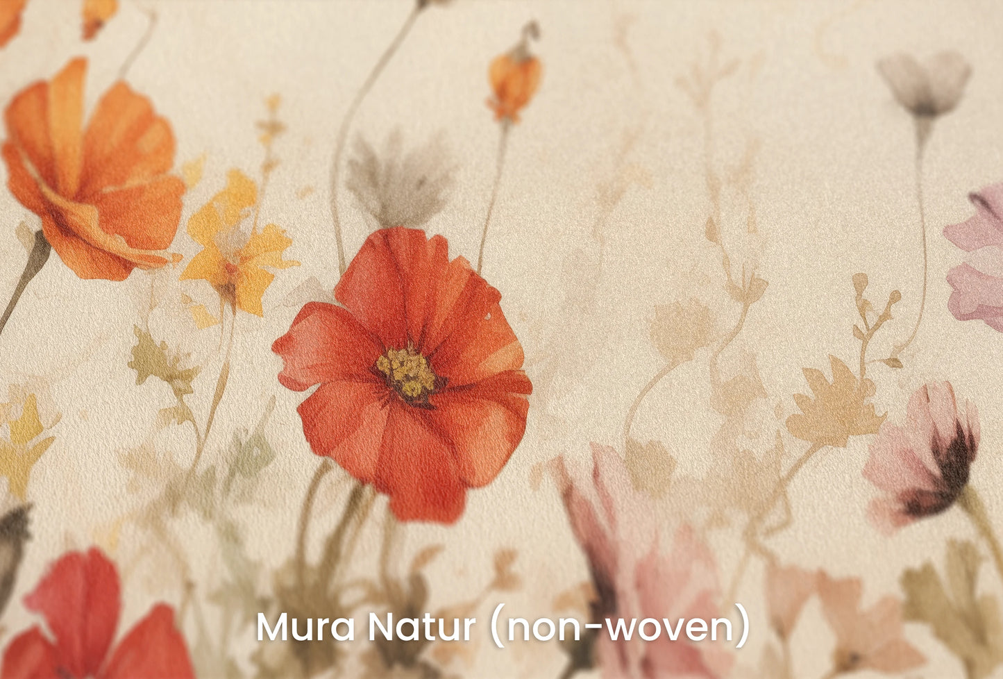 Zbliżenie na artystyczną fototapetę o nazwie Field of Poppies na podłożu Mura Natur (non-woven) - naturalne i ekologiczne podłoże.