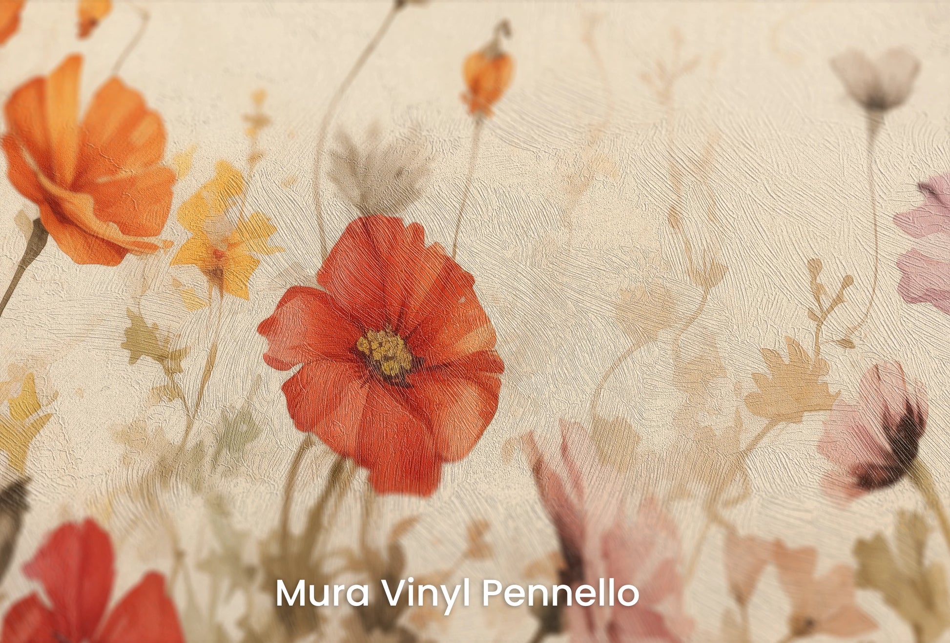 Zbliżenie na artystyczną fototapetę o nazwie Field of Poppies na podłożu Mura Vinyl Pennello - faktura pociągnięć pędzla malarskiego.