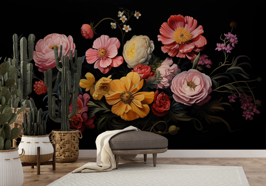 Wzór fototapety artystycznej o nazwie Floral Renaissance pokazanej w aranżacji wnętrza.